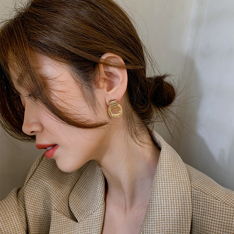 Đôi khuyên tai bạc 925 hình vòng tròn lớn phong cách retro Hàn Quốc cho nữ