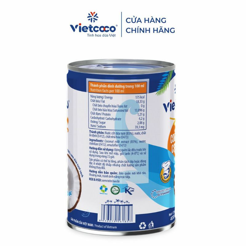 Nước cốt dừa tươi Vietcoco lon 400ml, sạch thơm béo đặc