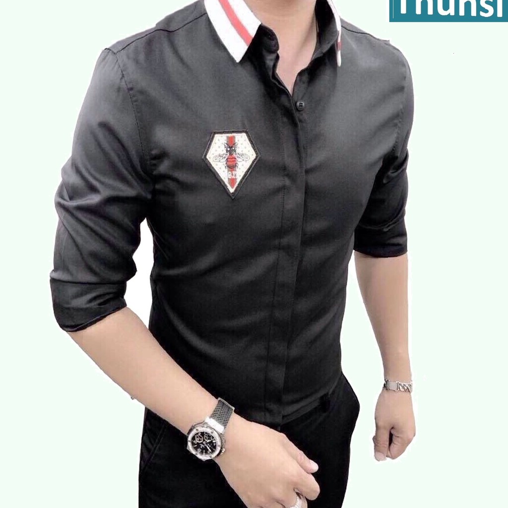 ÁoSơ Mi Nam Cao Cấp Phối Lụa Họa Tiết thêu logo ong MS 36 | BigBuy360 - bigbuy360.vn