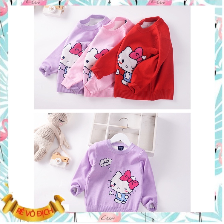 Áo len cho bé xuất Hàn 3-9 tuổi 2 lớp hình kitty nhiều màu, Áo ấm bé gái đanh sợi không bai xù