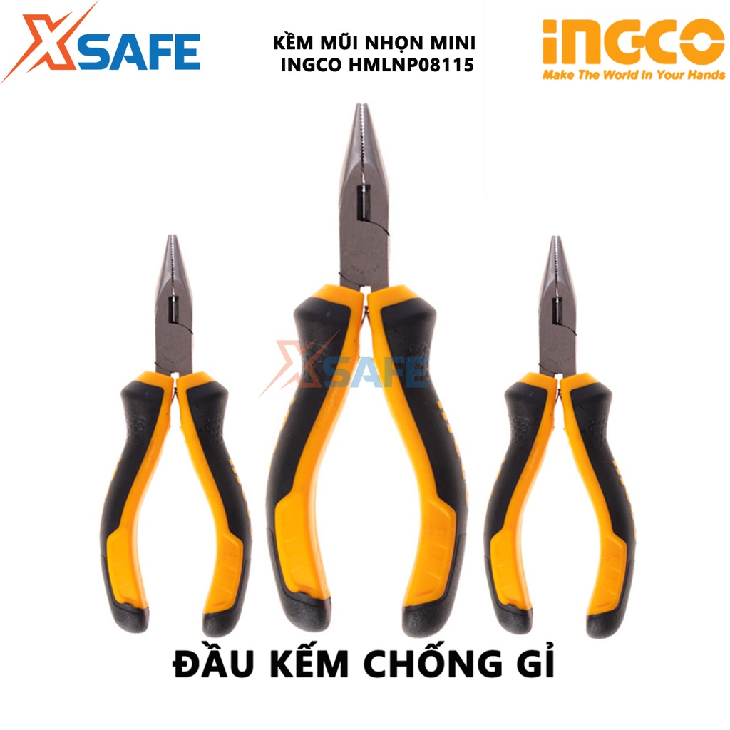 Kìm mũi nhọn mini INGCO HMLNP08115 Kềm mũi nhọn 4.5&quot;, đầu kềm được đánh bóng chống gỉ, tay cầm hai màu - XSAFE