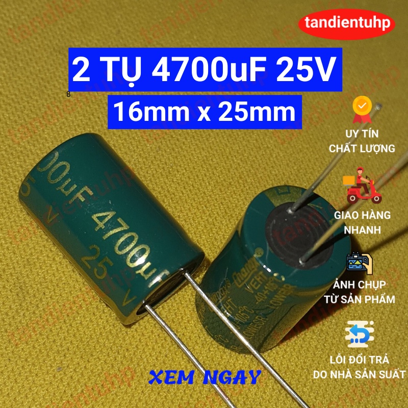 Tụ hóa - Tụ phân cực các trị số : 100uF, 220uF, 330uF, 470uF, 1000uF, 2200uF, 3300uF, 4700uF điện áp 25V hàng mới.