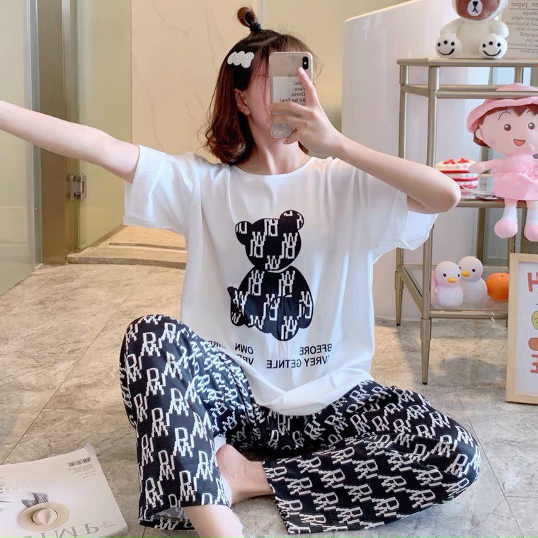 Bộ quần áo nữ, quần dài áo cộc tay chất vải cotton cực mềm mịn, in hình gấu đen 3D dễ thương, bộ đồ mát mẻ thoải mái.