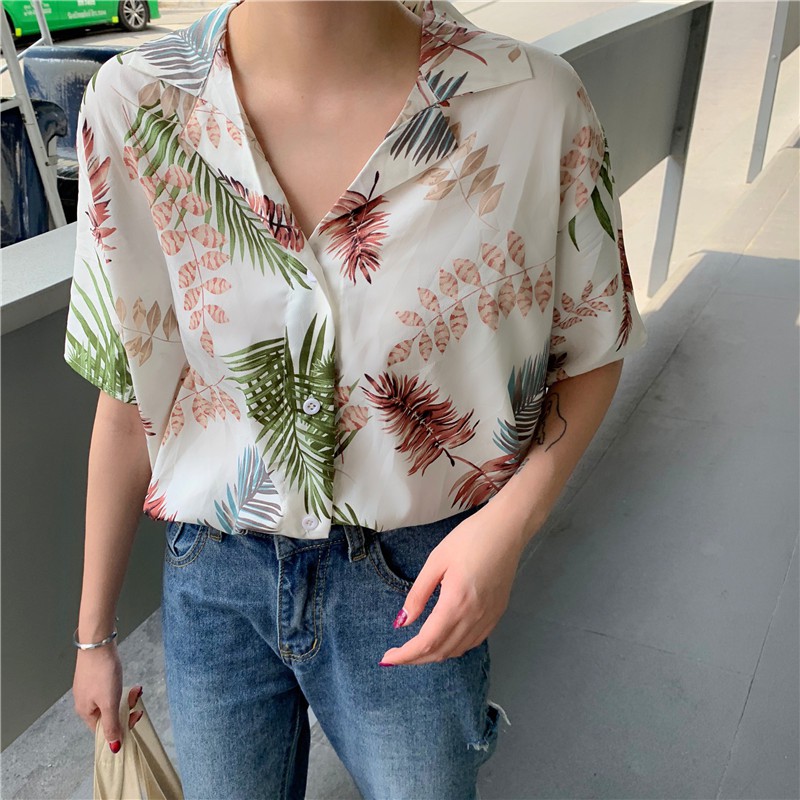 IELGY Áo Sơ Mi Tay Ngắn Phong Cách Hawaii Dành Cho Nữ