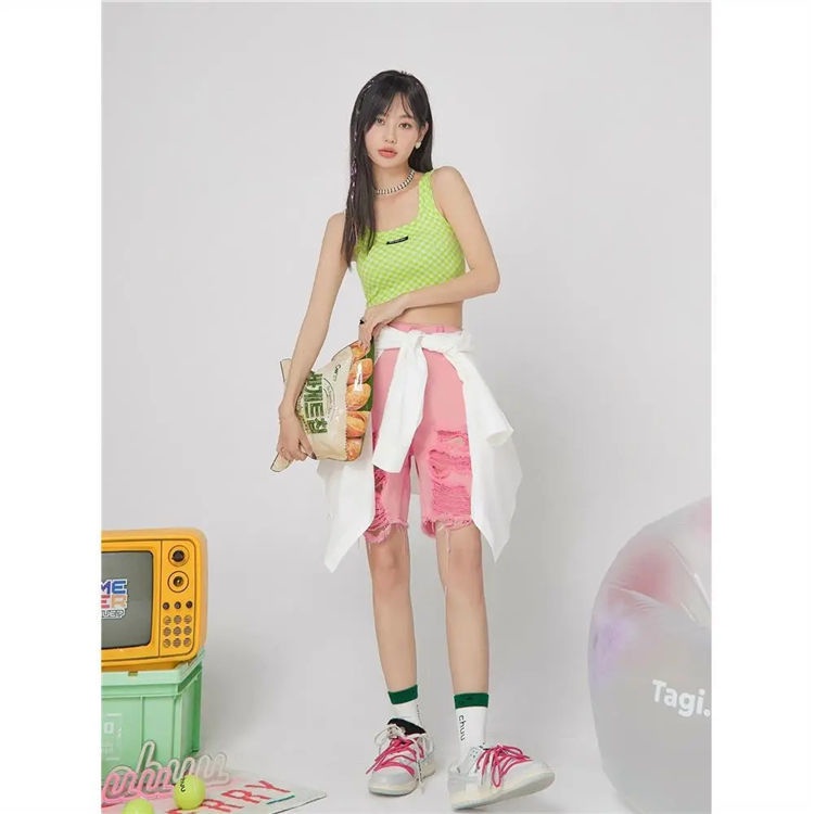 Jiashucheng Quần Short Denim Cạp Cao Dáng Rộng Rách Cỡ Lớn Thời Trang Mùa Hè Cho Nữ