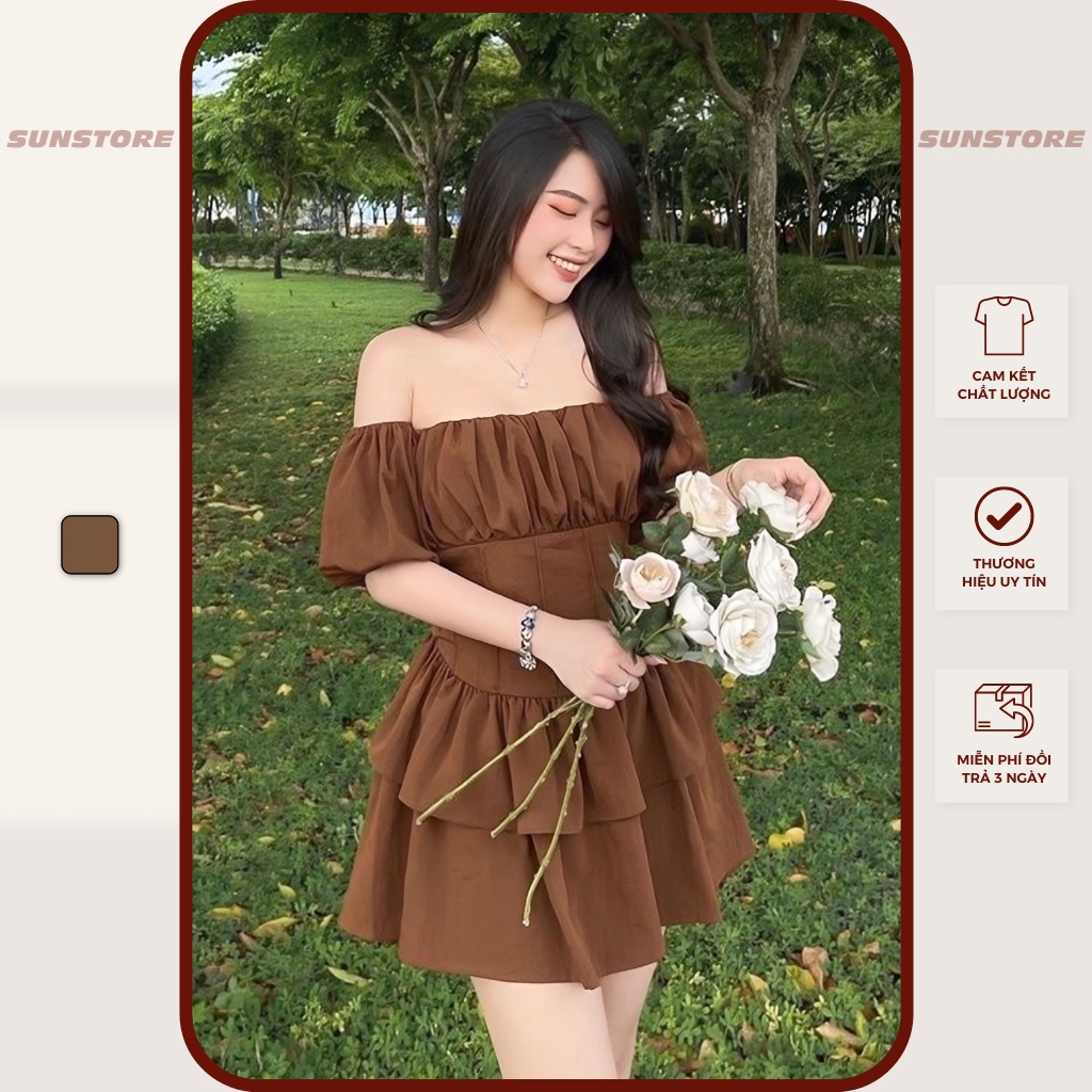 Đầm xoè trễ vai váy mini jumsuit phía sau lưng bo chun dễ mặc chất vải đũi mặc mát màu nâu