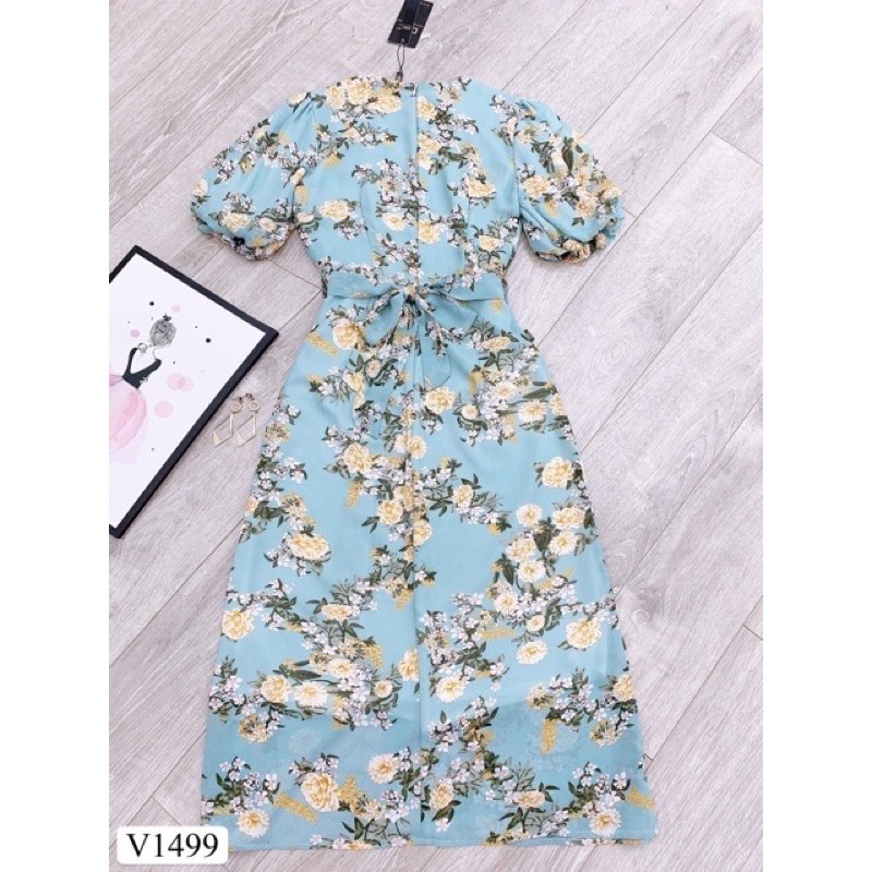 Váy cộc tay vai bồng hoa mùa thu thắt nơ màu xanh tiểu thư | BigBuy360 - bigbuy360.vn