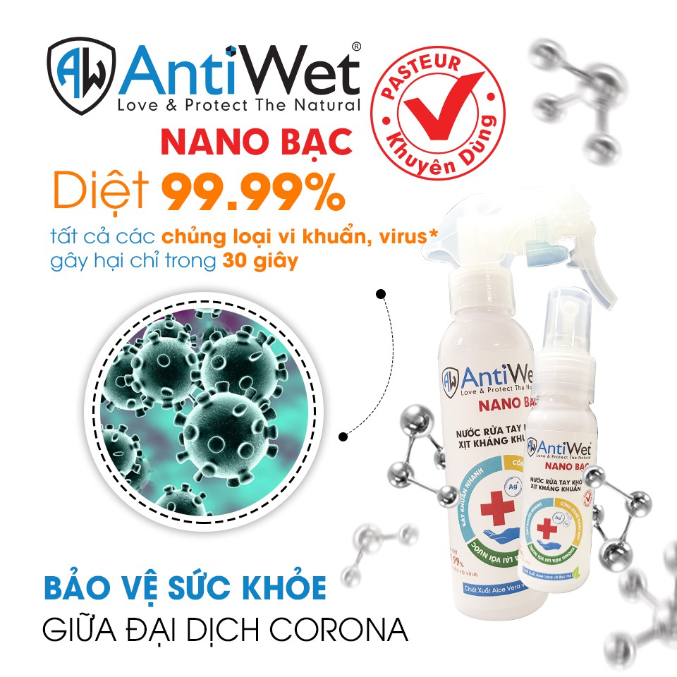 XỊT KHÁNG KHUẨN ANTIWET NANO BẠC, DIỆT VI KHUẨN 99,99%