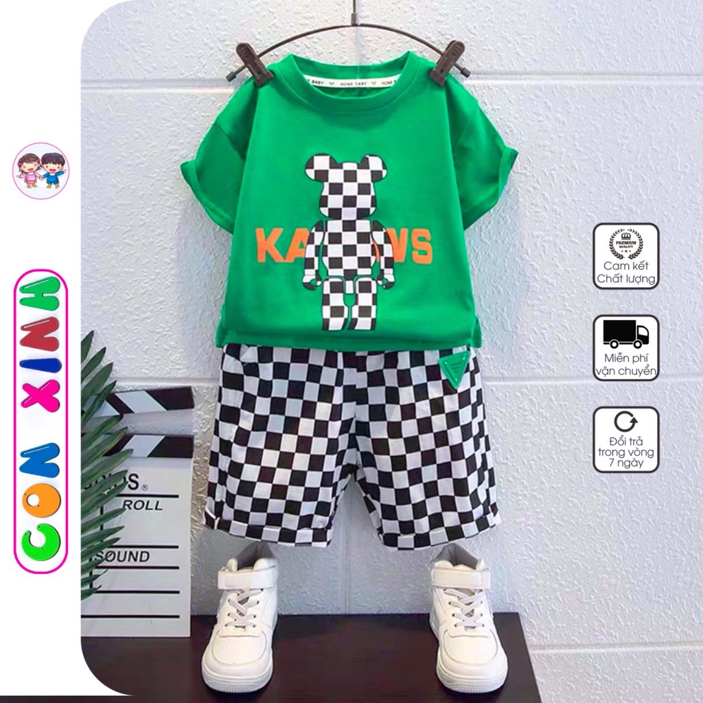Bộ quần áo bé trai Con Xinh cotton hình in Gấu KAVS,thời trang dành cho trẻ em từ 4 đến 10 tuổi