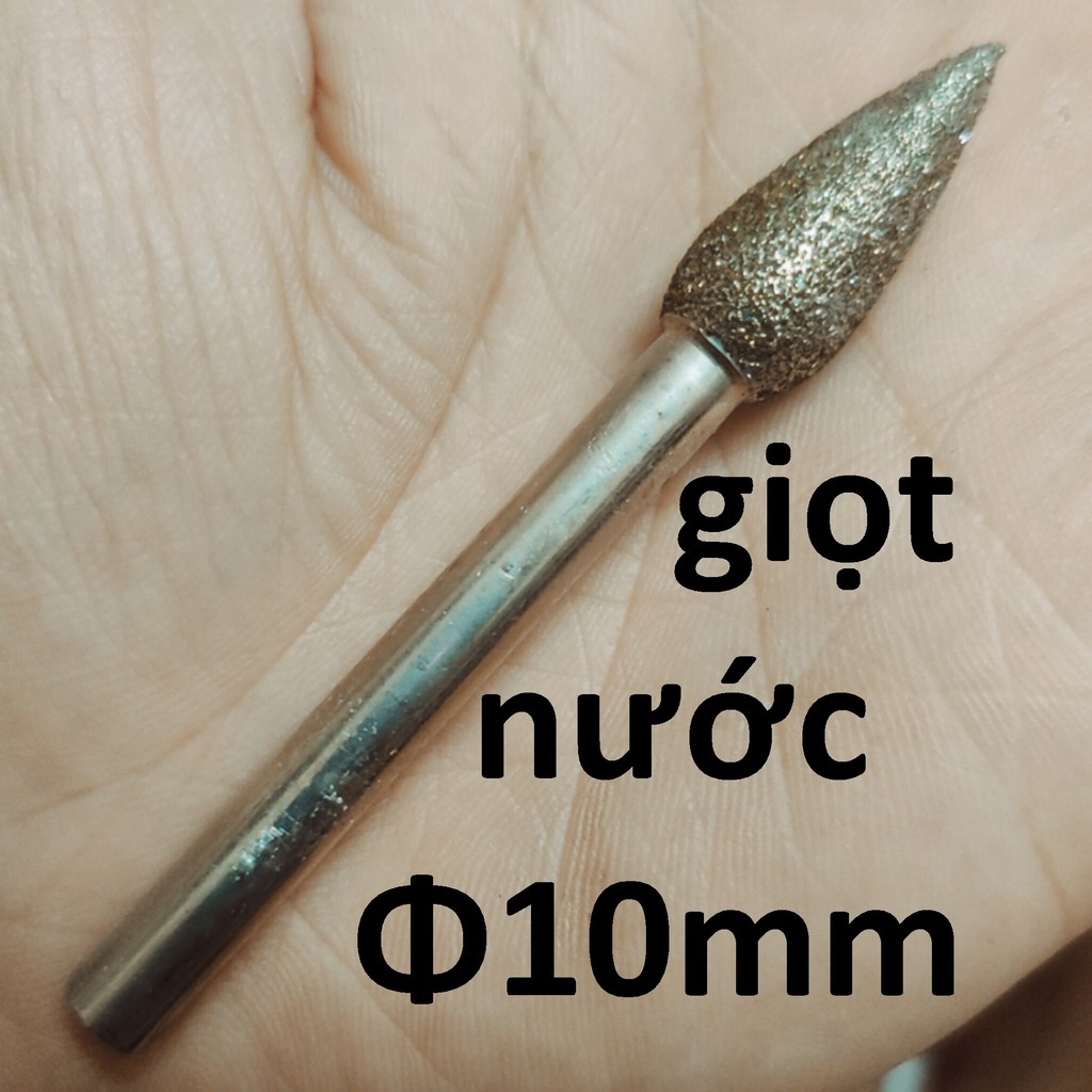 Mũi mài kim cương, mũi mài khắc đá, ngọc, hình giọt nước 10mm, cán 6mm