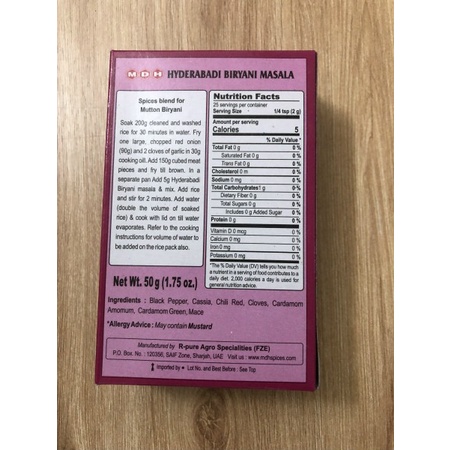 Gia vị nấu vị nấu cơm MDH Hyderabadi Biryani Masala 50g