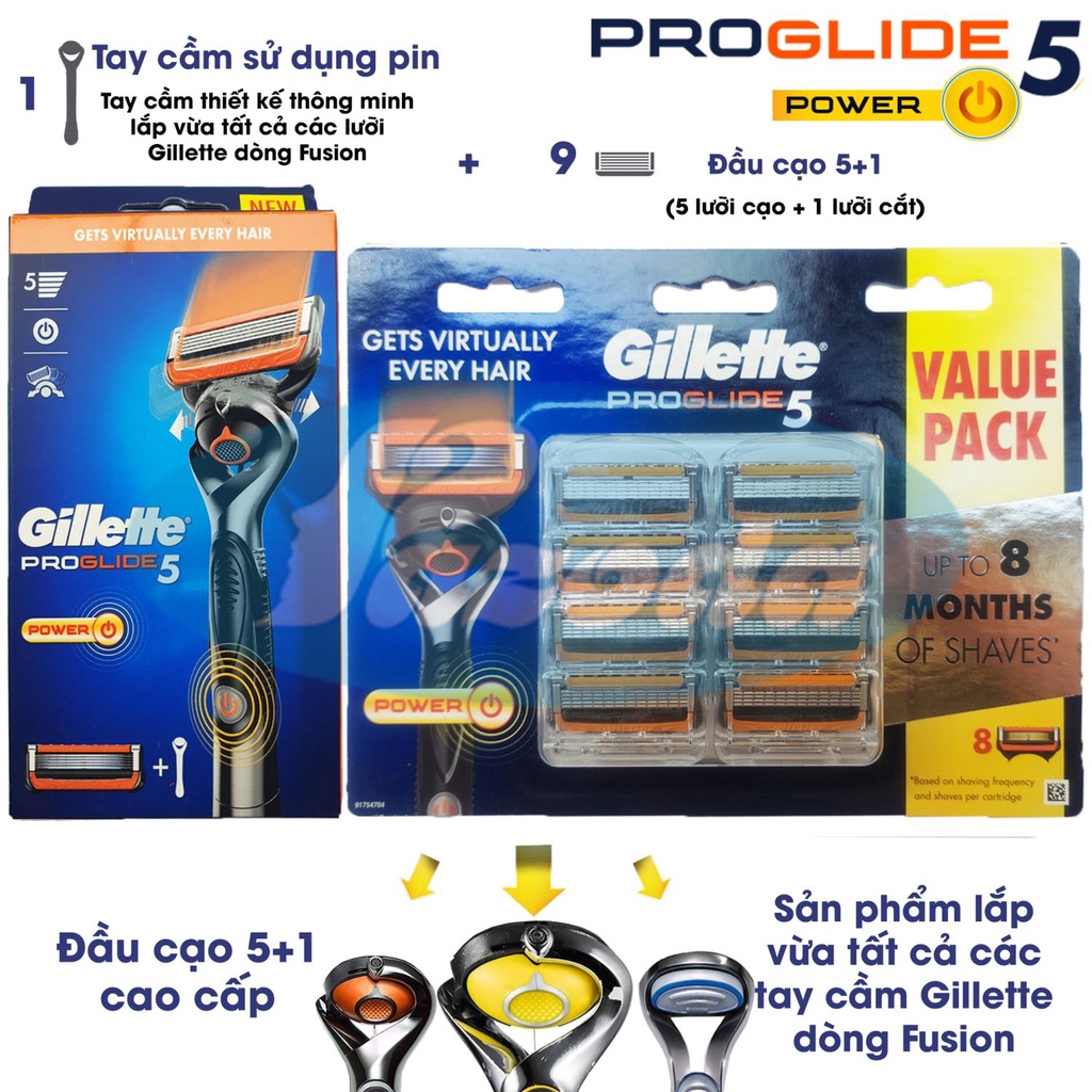 Bộ dao cạo râu 5 lưỡi Gillette Proglide5 Power (1 cán + 9 đầu cạo)