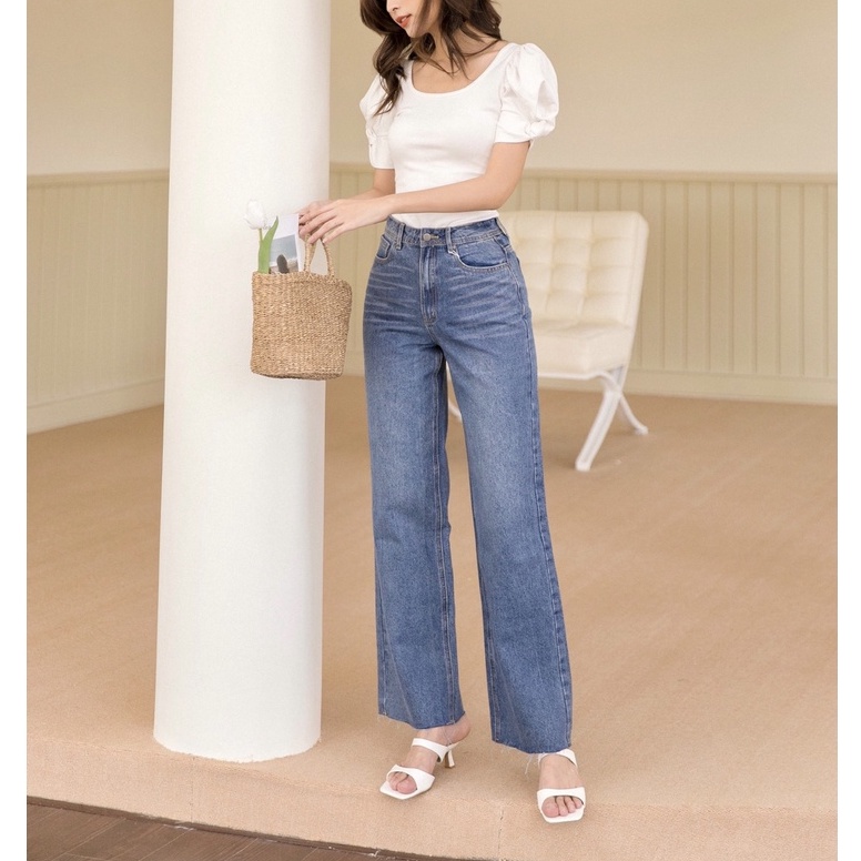 MIEU - Quần jeans ống rộng cắt lai (Xanh Đậm/ Nhạt) - GD05