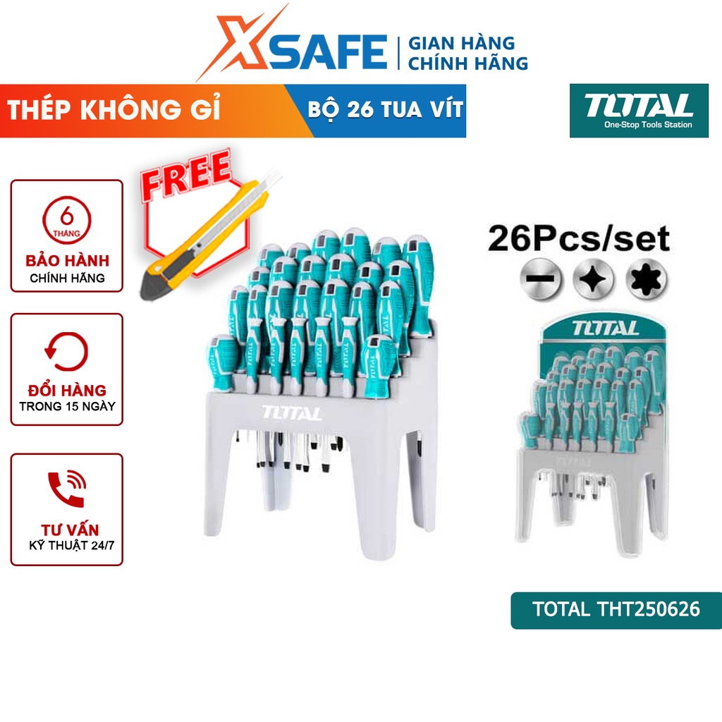 Bộ tua vít dẹp, bake và chuẩn TOTAL THT250626 26 chi tiết, cán tròn, cố định trên khung nhựa chắn chắn - xsafe