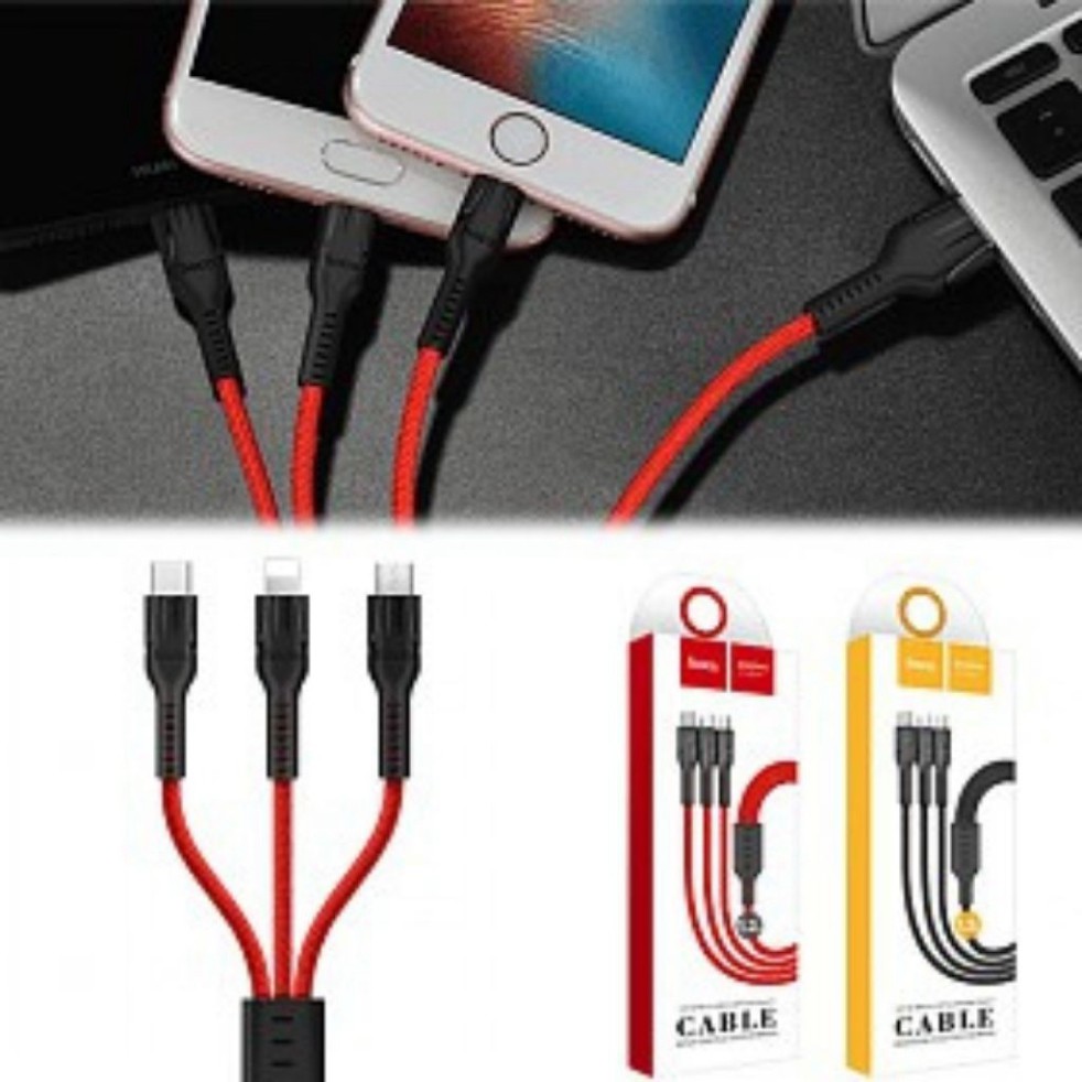 Dây sạc 3 đầu Hoco U31, Cáp sạc nhanh cho điện thoại Iphone Ipad Samsung Oppo Pin Dự Phòng TypeC/ Micro USB/ iOS/ androi