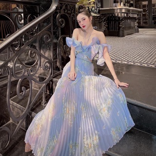 Váy maxi cổ yếm đầm trễ vai cut out thiết kế dập ly
