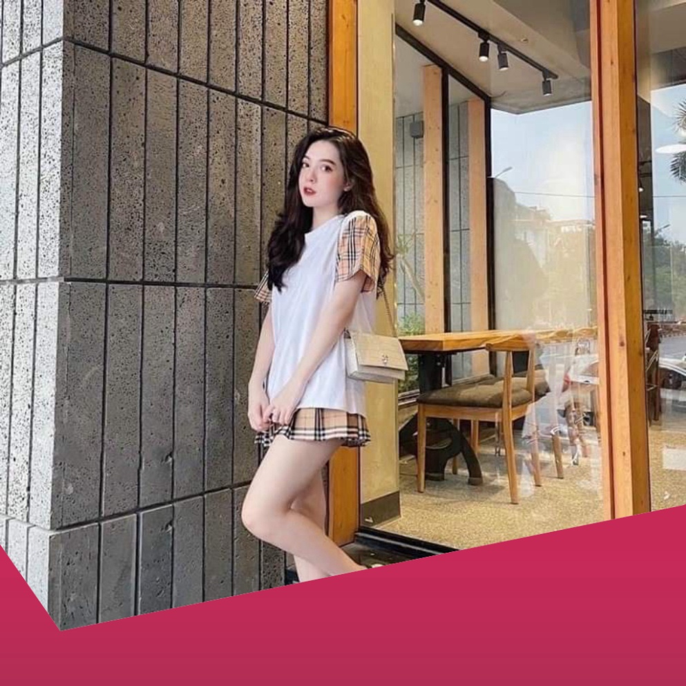 Set Bộ Nữ Áo Phông Chân Váy Phối Kẻ Sọc ,Set Váy Ngắn Xòe Mix Áo Thun Cộc Tay 2 Màu