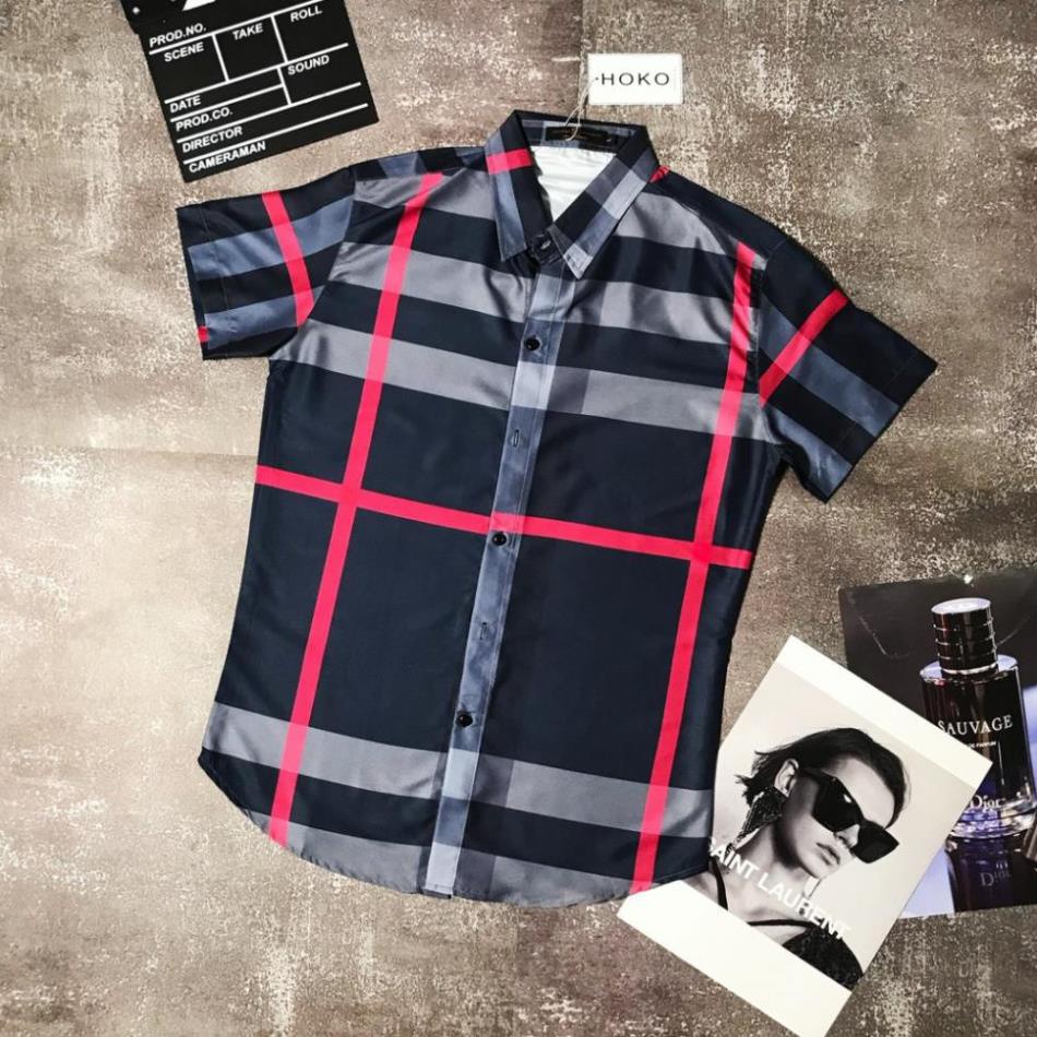 ⚡FREE SHIP⚡ Áo sơ mi cộc tay size dưới 80kg lụa mềm mại quanaochat74 - Burberry kẻ sọc caro đen sọc đỏ Đẹp