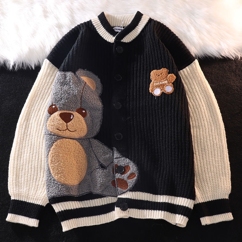 Áo khoác cardigan cài nút in hình gấu kiểu dáng cổ điển cho nữ
