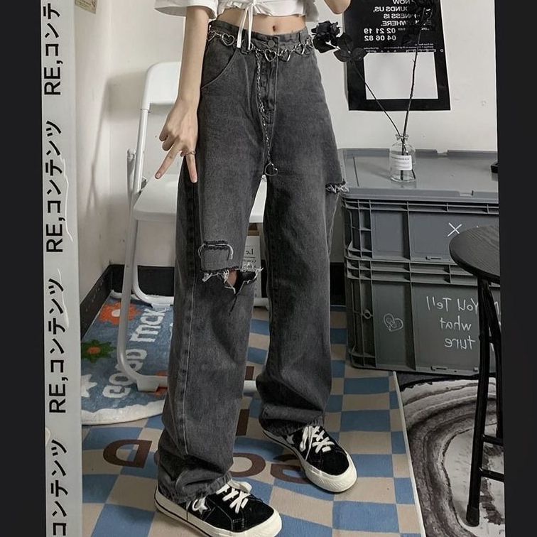 Quần Jeans Dài Ống Rộng Lưng Cao Phối Rách Phong Cách Đường Phố Retro Thời Trang Mùa Hè Mới Cho Nữ