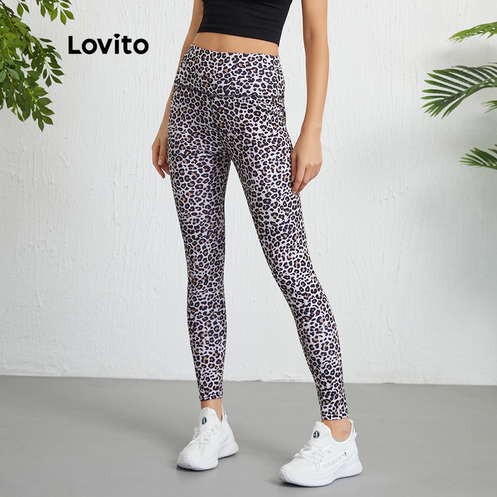 Quần legging Lovito lưng cao họa tiết da báo phong cách thể thao L09016 (màu vàng)