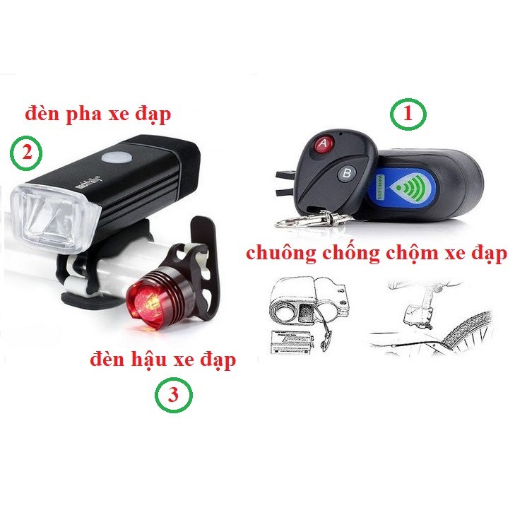 Bộ combo xe đạp : chuông chống chộm+đèn pha+đèn hậu xe đạp