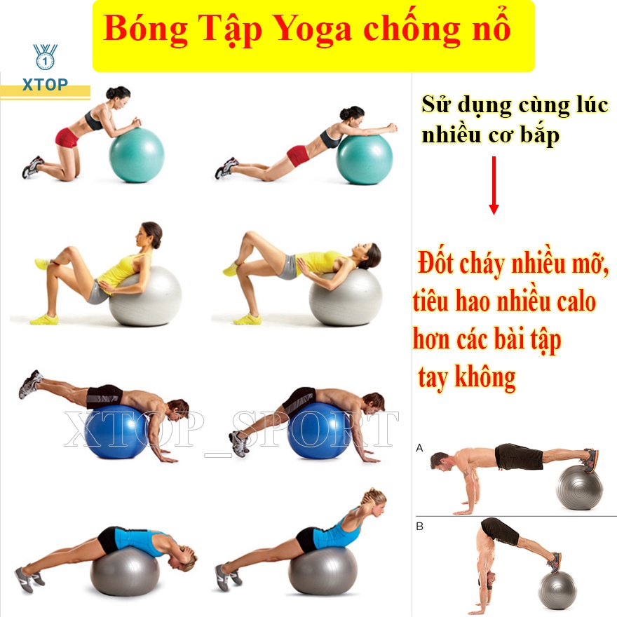 Bóng Tập Yoga Cao Cấp XTOP 65cm, Bóng Tập Gym Dày 2mm Chống Nổ Bền Đẹp B65