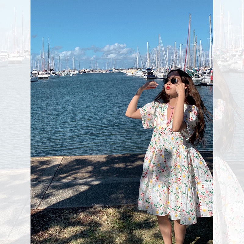 Đầm dài cổ búp bê dáng rộng họa tiết hoa thời trang cho nữ