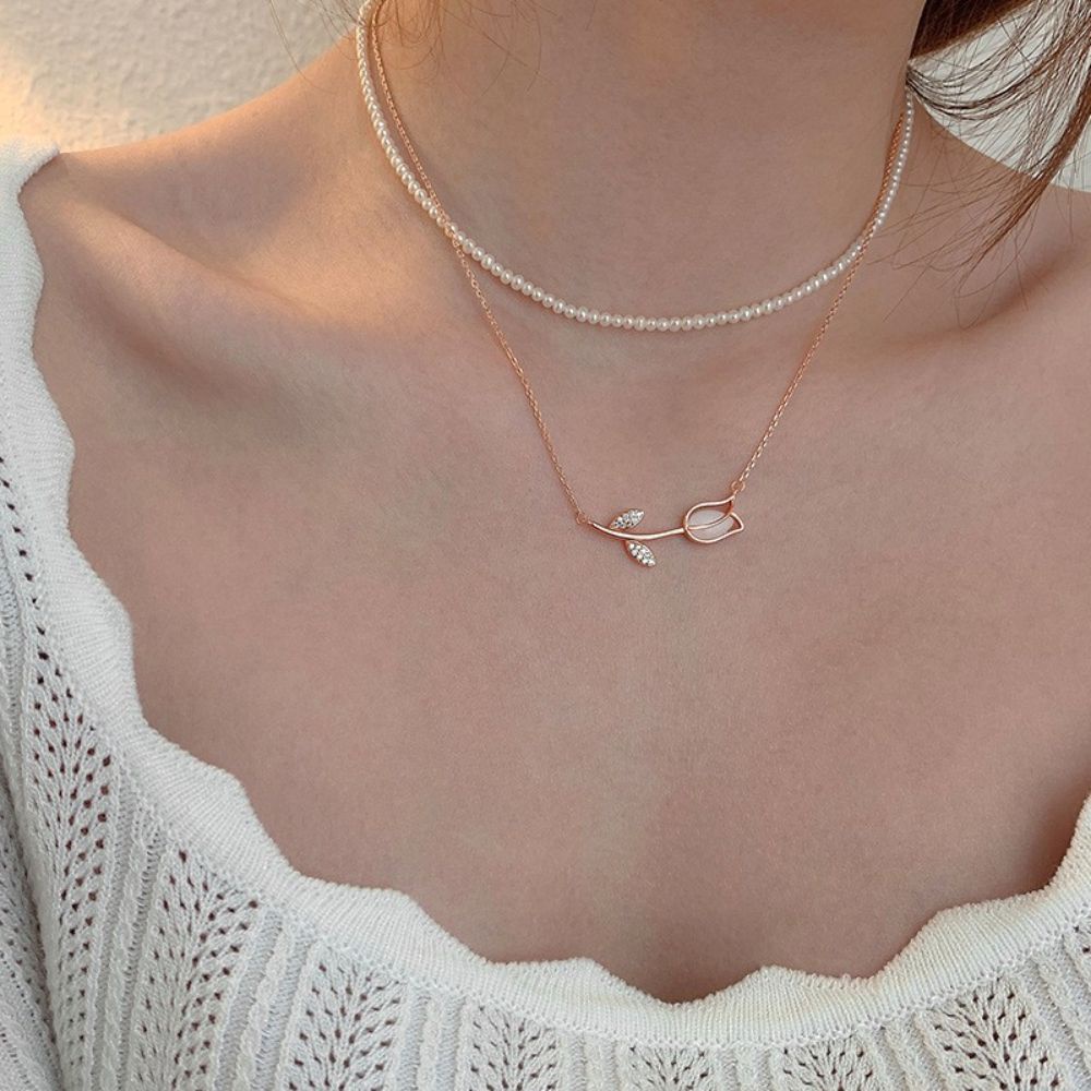 Vòng cổ Mặt Hoa Tulip Đính Đá Opal Thời Trang Hàn Quốc Sang Trọng Nhẹ Nhàng Cho Nữ