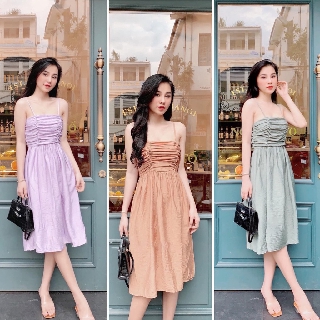 V893 Đầm Maxi Dập Nhún Ngực Sang Trọng , Váy 2 Dây dáng xòe, chất đũi xước QC xịn xò