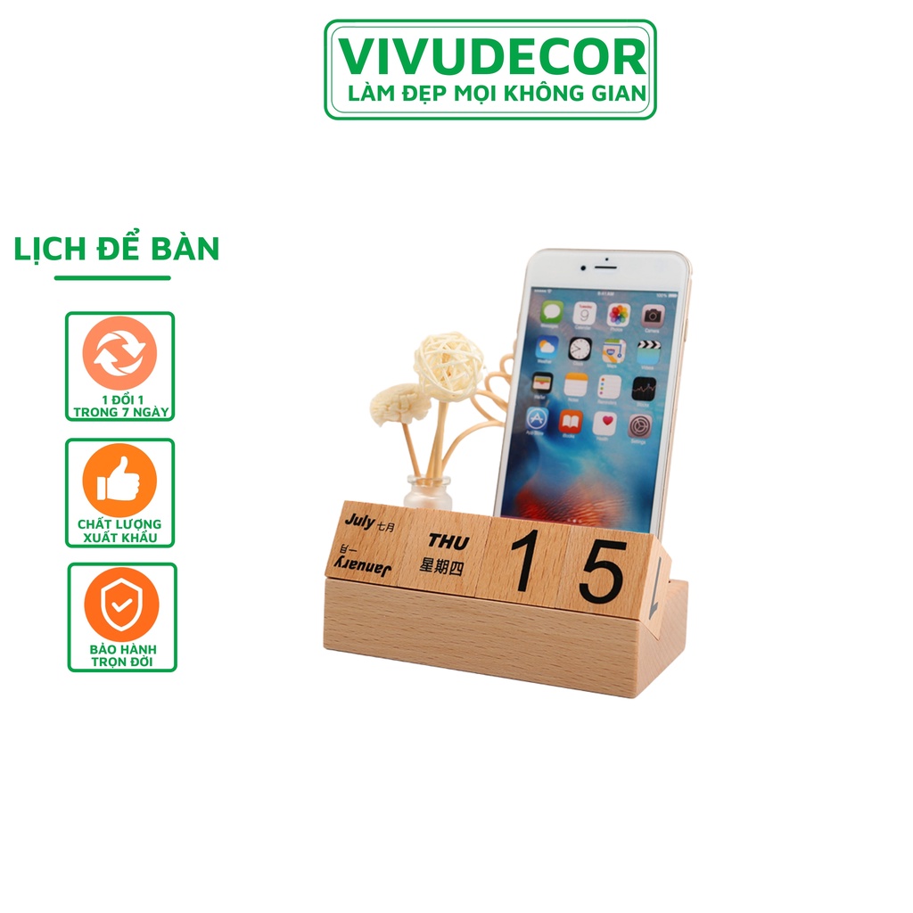 Lịch để bàn Vivudecor 100% gỗ tự nhiên - Kệ Để Smartphone Xem Phim Chống Trượt - Khắc Logo Theo Yêu Cầu.