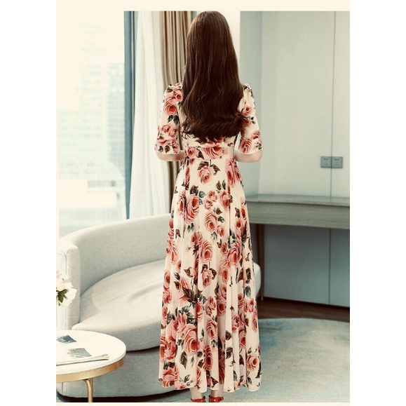 ĐẦM XÒE MAXI HOA HỒNG TAY BÈO Lh0917399527