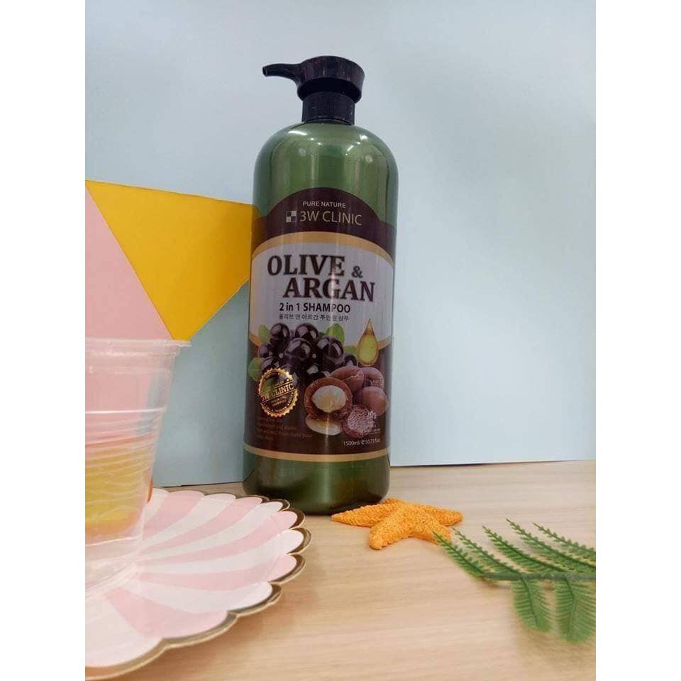 [Hàng Chuẩn Auth] Dầu gội đầu tinh chất Olive & Argan 2 trong 1 3W Clinic Hàn QUốc 1500ml.