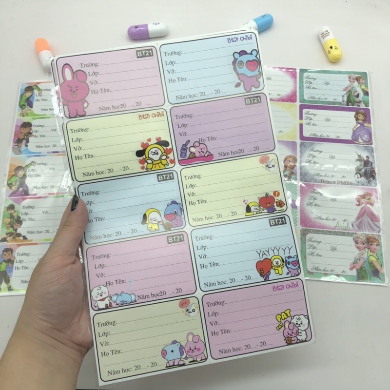 NHÃN VỞ ĐỀ CAN BÉ DÁN LIỀN (1 TẬP= 30 CHIẾC) nhãn vở học sinh in hình cute, bọc vở nhiều hình có dán