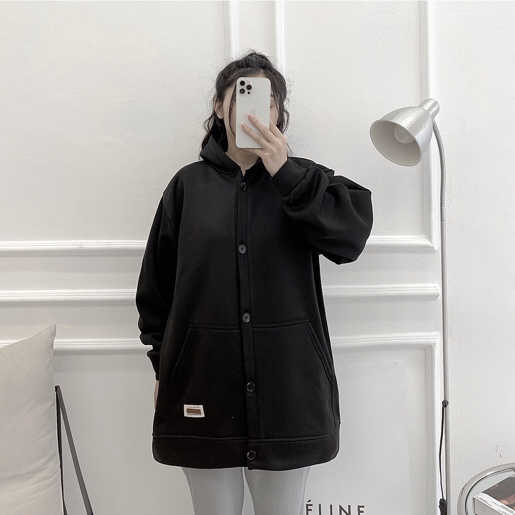 Áo khoác nỉ bông hoodie dáng dài phối nút Ulzzang Unisex