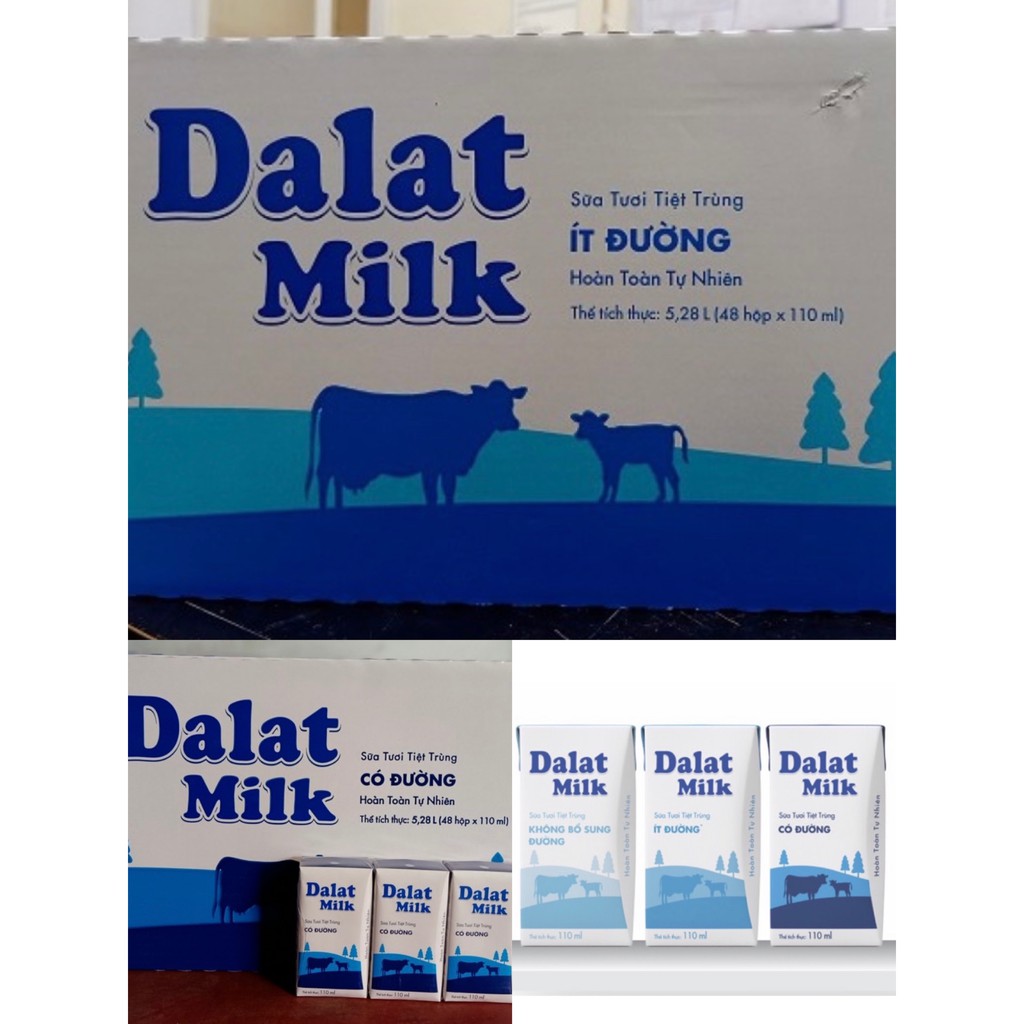 Thùng sữa Đà Lạt milk 48 hộp/110ml ( có đường, ít đường, không đường) Date mới nhất