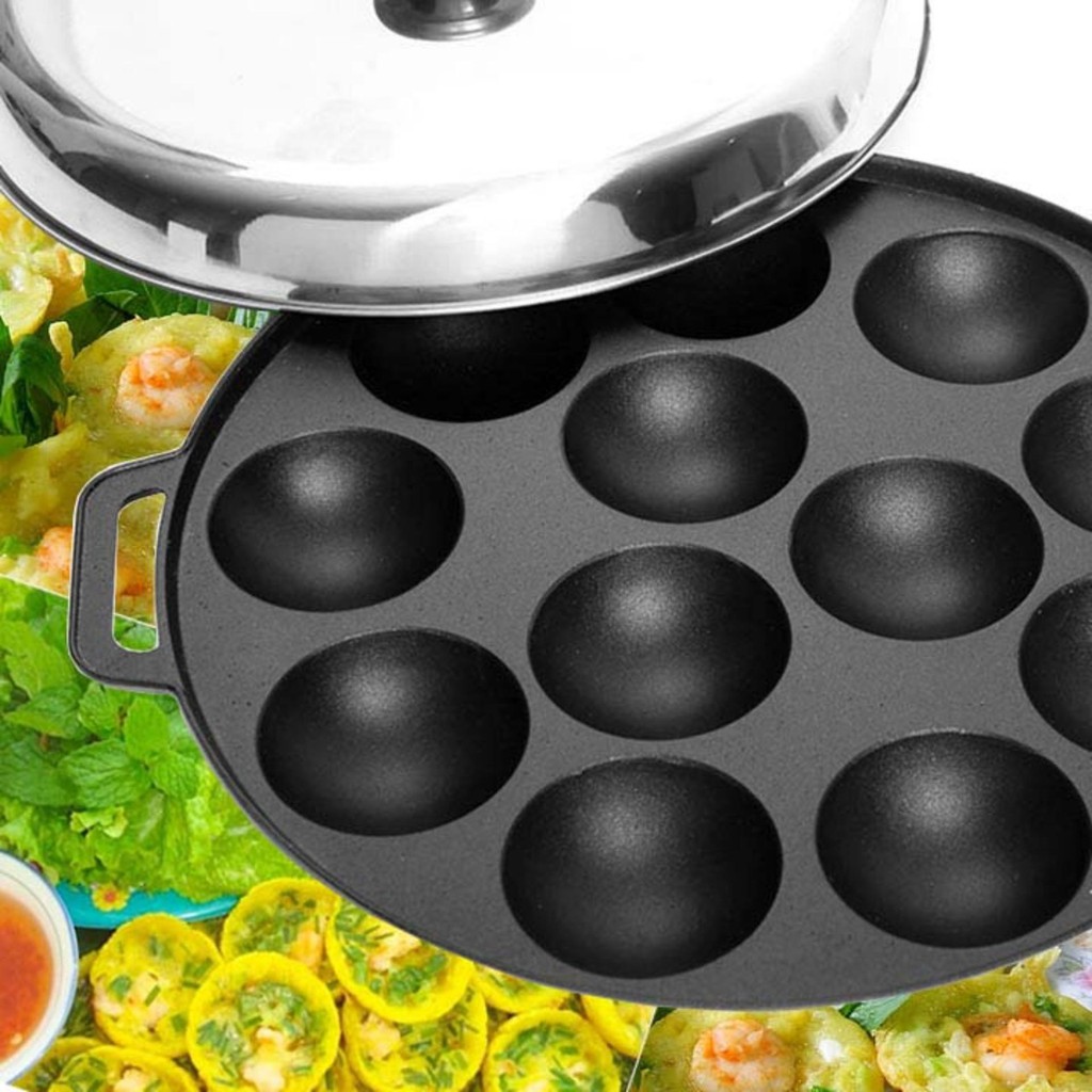 Khuôn Bánh Khọt Chất Liệu Gang Chống Dính Loại Dày Cao Cấp Nắp Inox
