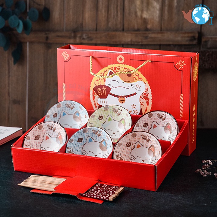 Bộ 6 chén sứ hình mèo thần tài may mắn, hình dễ thương kèm 6 đôi đũa hoa có hộp làm quà tặng cực sang