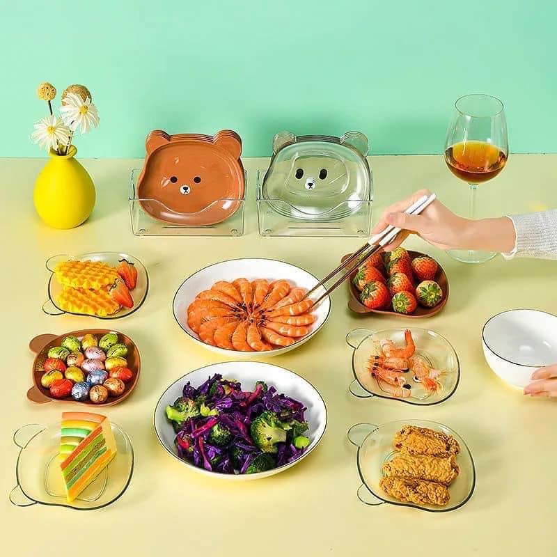 Set 8 đĩa gấu nhựa pet cao cấp đáng yêu kèm khay đựng