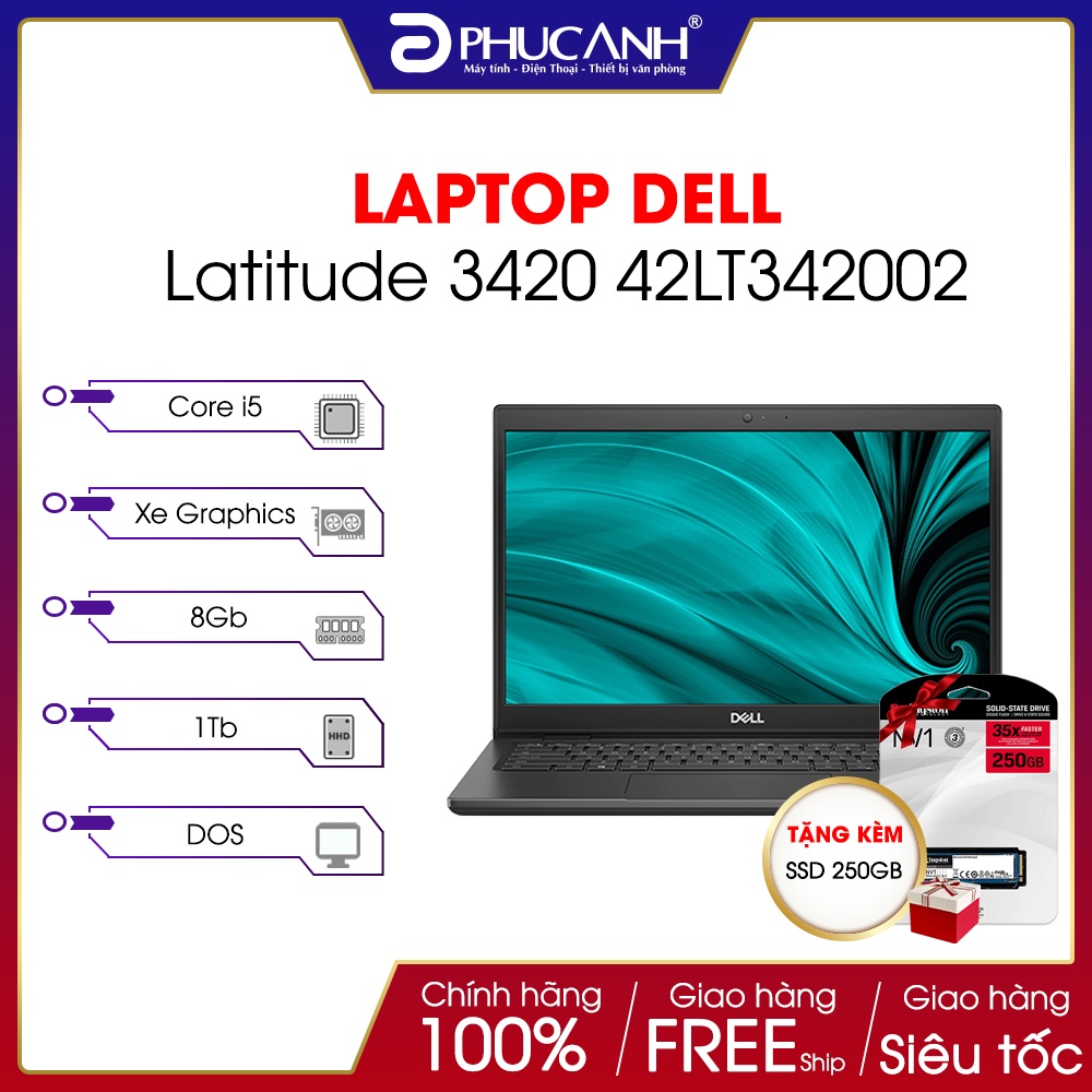Laptop Dell Latitude 3420 42LT342002 tặng SSD 250Gb (i5 1135G7/ 8Gb/ 1Tb HDD / 14.0&quot; HD)Hàng chính hãng