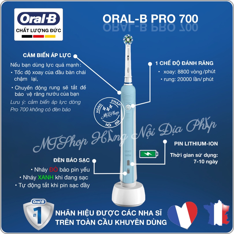 Bàn Chải Điện Oral-B Pro 700, Làm Sạch Sâu, Bảo Vệ Nướu, Cảm Biến Áp Lực, Chống Nước