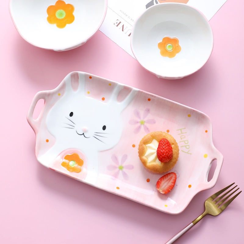 Dĩa chữ nhật thỏ hồng xinh xắn dễ thương, Đĩa gốm sứ cute