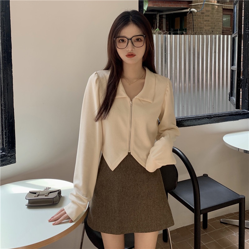 Áo cardigan dệt kim ZHELIHANGFEI tay dài cổ polo lưng cao thiết kế lệch tà phong cách cá tính