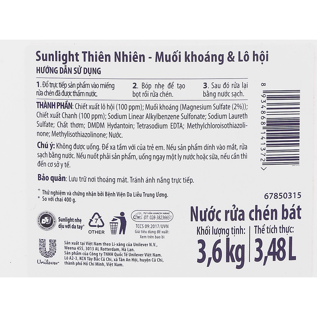Nước rửa chén Sunlight Thiên Nhiên chai 3.6kg