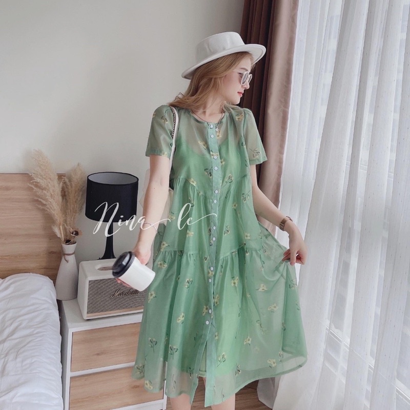 Váy bầu thời trang, đầm bầu sơ mi hoa 2 lớp mềm mát