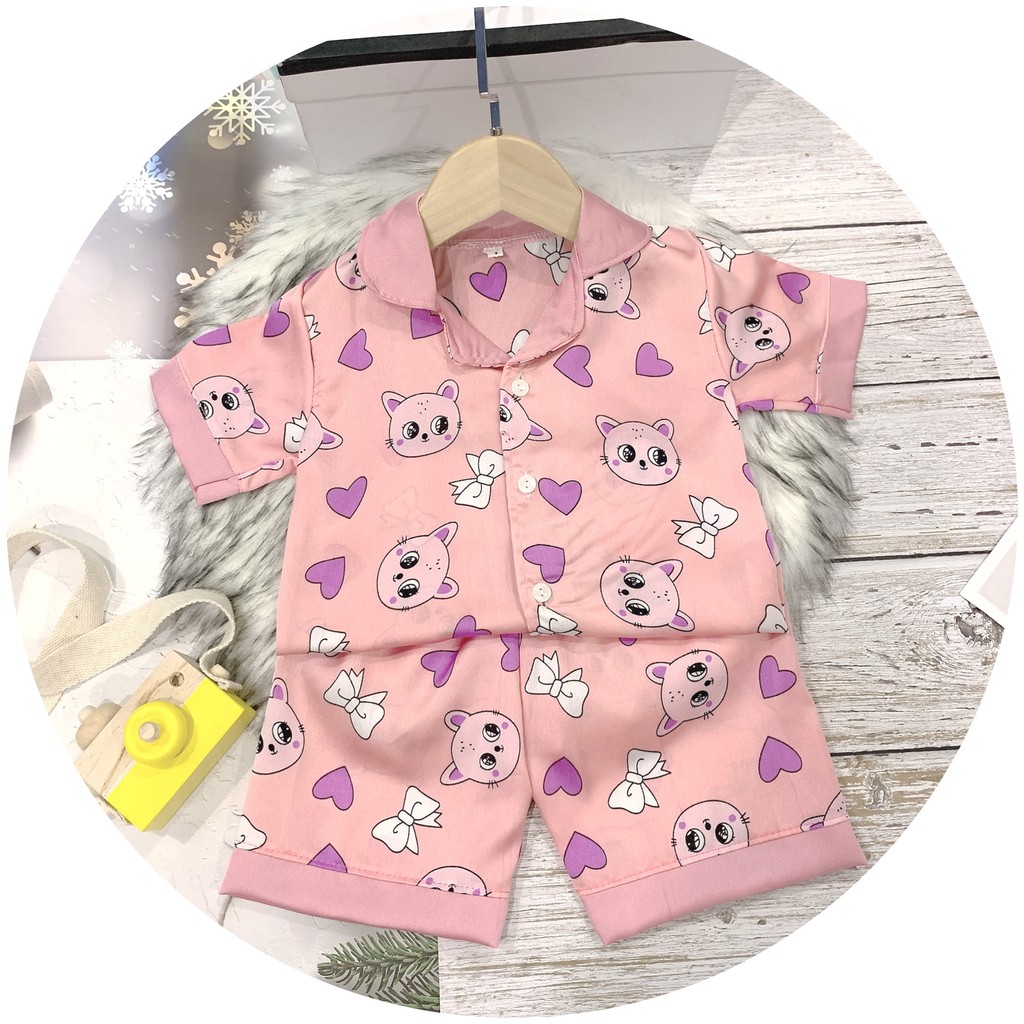 Bộ Đồ Ngủ Pijama Lụa Satin Họa Tiết Đáng Yêu Cộc Tay Cho Bé Gái Mặc Nhà từ 8-30Kg BB15