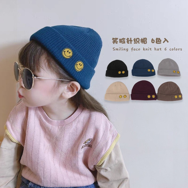 Nón Len Dệt Kim Dày Dặn Giữ Ấm Tai Họa Tiết Hoạt Hình Mặt Cười Dễ Thương Thời Trang Thu Đông Cho Bé Trai Và Gái