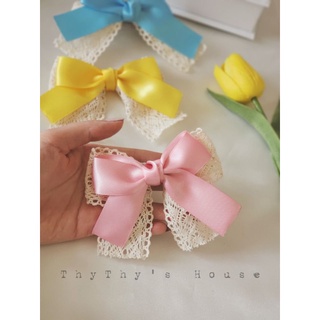 Kẹp nơ ren phối satin 2 tầng đuôi ngắn