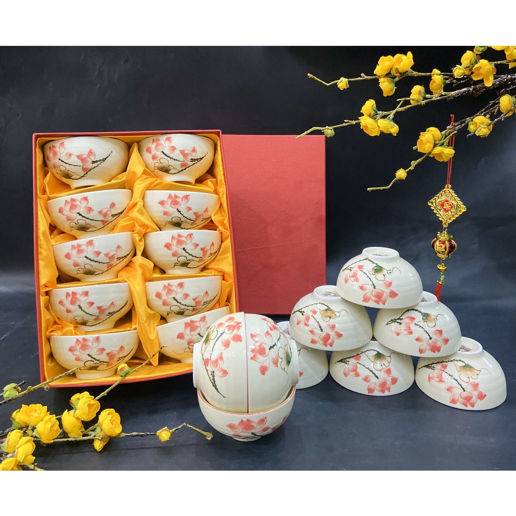 Bộ 10 Bát Cơm Sứ Bát Tràng Hoạ Tiết Vẽ Tay, Bát Ăn Cơm, Bát Con Hoa Đào, Hoa Mai, Sen, Nhiều Hoạ Tiết Có Bán Lẻ