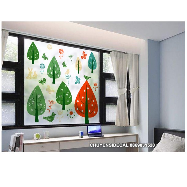 Decal Dán Kính Cao Cấp - Nhiều Cây đại thụ sắc màu lớn ( 60x58cm )